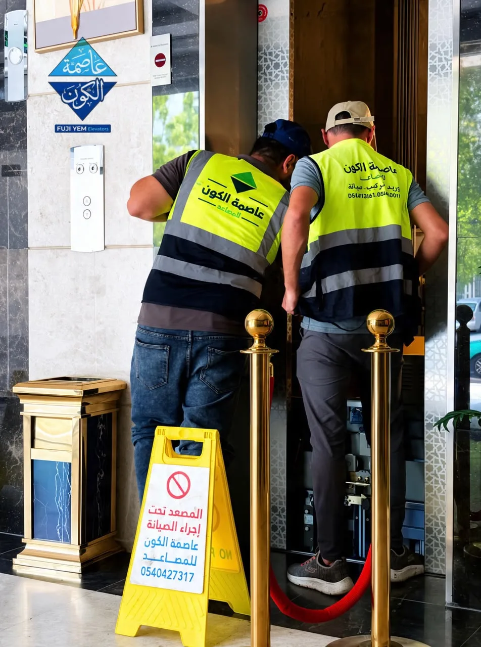 صيانة دورية لمصعد في بهو فندق — عاصمة الكون للمصاعد